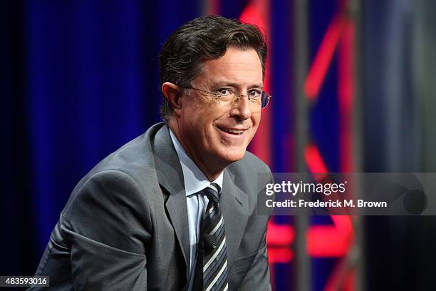 Host, executive producer, writer Stephen Colbert speaks onstage during the 'The Late Show with Stephen Colbert' panel discussion at the CBS portion...