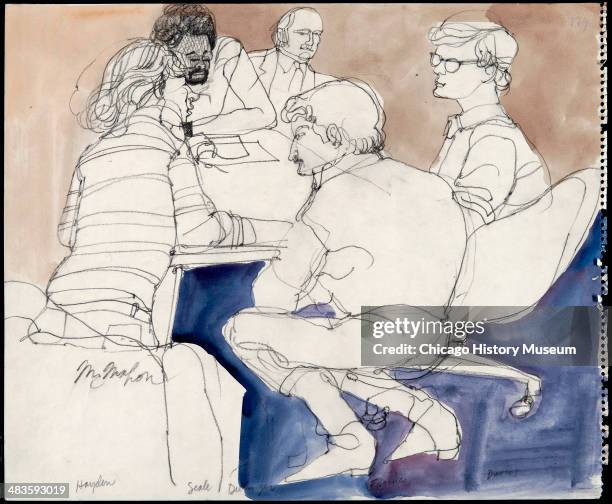 Tom Hayden, Bobby Seale, Dave Dellinger, John Froines, and Rennie Davis huddling around the defense table, in a courtroom illustration during the...