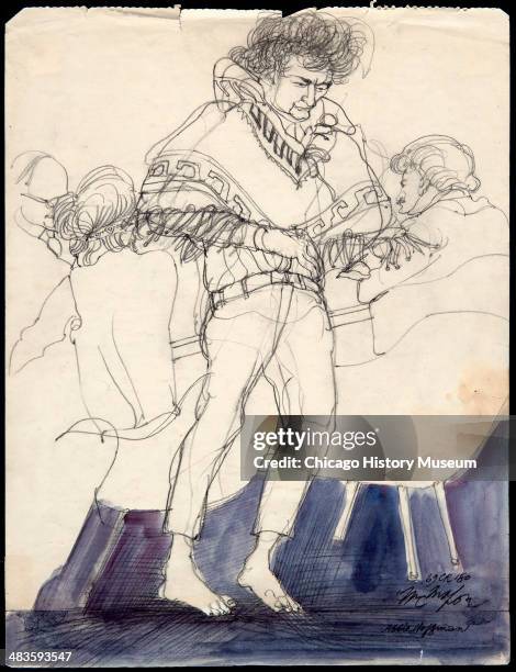 Abbie Hoffman barefoot and wearing poncho, in a courtroom illustration during the trial of the Chicago Eight, Chicago, Illinois, late 1969 or early...