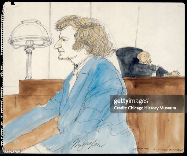 Leonard Weinglass with Judge Julius Hoffman in the background, in a courtroom illustration during the trial of the Chicago Eight, Chicago, Illinois,...