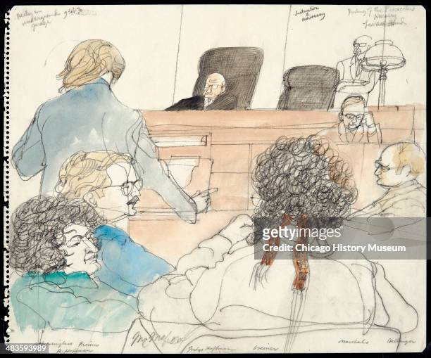 Leonard Weinglass, John Froines, Abbie Hoffman, Judge Hoffman, Lee Weiner, Dave Dellinger and marshals, in a courtroom illustration during the trial...