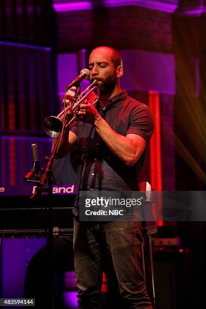 Episode 244 -- Pictured: Kyle Resnick of musical guest Beirut performs on August 10, 2015 --