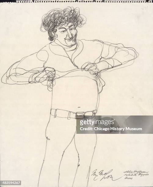 Abbie Hoffman pulls his shirt up, in a courtroom illustration during the trial of the Chicago Eight, Chicago, Illinois, late 1969 or early 1970. The...