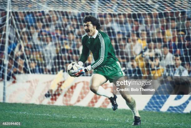 Romanian goalkeeper Helmuth Duckadam of FC Steaua Bucuresti celebrates after saving the last of FC Barcelona's penalties at the European Cup Final at...