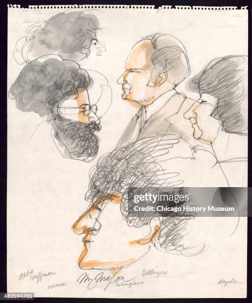 Faces of Tom Hayden, Lee Weiner, Dave Dellinger, Leonard Weinglass, and Abbie Hoffman, in a courtroom illustration during the trial of the Chicago...