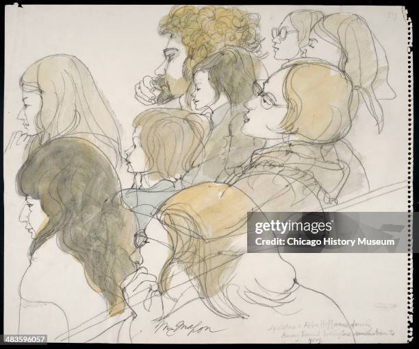 Spectators including members of Abbie Hoffman's family during Leonard Weinglass's summation to the jury, in a courtroom illustration during the trial...