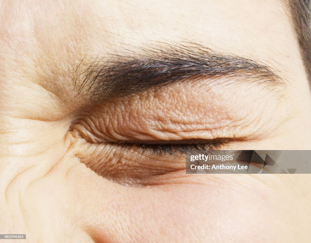 Extreme close up of girl squinting eye