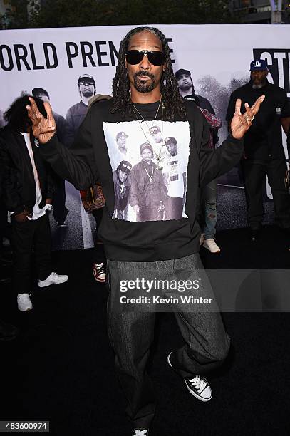 Rapper Snoop Dogg attends the Universal Pictures and Legendary Pictures' premiere of "Straight Outta Compton" at Microsoft Theater on August 10, 2015...