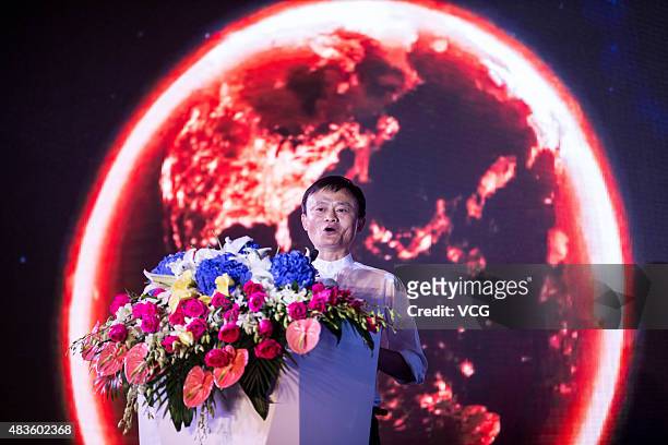 Jack Ma, founder and executive chairman of Alibaba Group, speaks during the conference of Alibaba Group Holding Ltd cooperating with Suning Commerce...