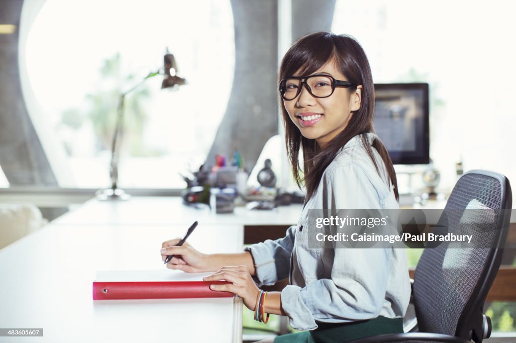 Portrait of confident businesswoman working at desk