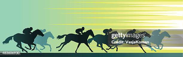 stockillustraties, clipart, cartoons en iconen met horseracing banner with close up horse and silhouettes - stallion