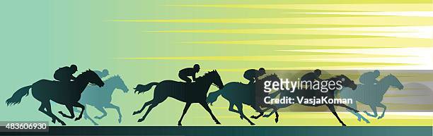 ilustrações, clipart, desenhos animados e ícones de corrida de cavalo com close-up de banner e silhuetas - corrida de cavalos evento equestre