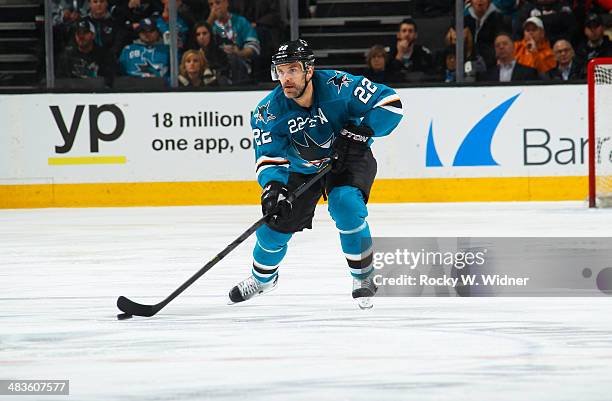 Dan Boyle of the San Jose Sharks skates with control of the puck against the Edmonton Oilers at SAP Center on April 1, 2014 in San Jose, California.