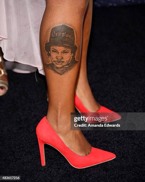 An Eazy-E tattoo at the world premiere of Universal Pictures and Legendary Pictures' "Straight Outta Compton" at the Microsoft Theater on August 10,...