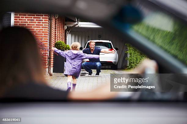 so excited to see daddy! - family with one child stock pictures, royalty-free photos & images