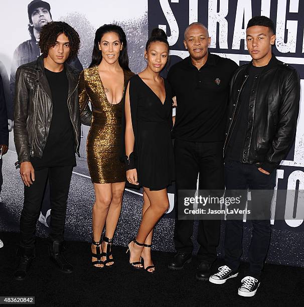 Dr. Dre, wife Nicole Young and family attend the premiere of "Straight Outta Compton" at Microsoft Theater on August 10, 2015 in Los Angeles,...