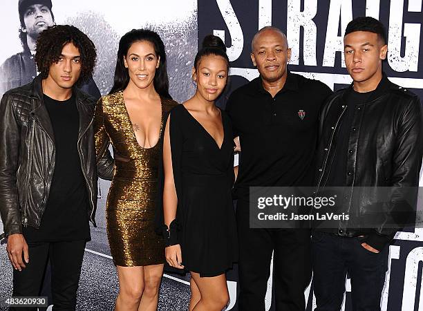 Dr. Dre, wife Nicole Young and family attend the premiere of "Straight Outta Compton" at Microsoft Theater on August 10, 2015 in Los Angeles,...