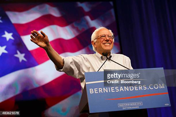 Senator Bernie Sanders, an independent from Vermont and 2016 Democratic presidential candidate, smiles during a campaign event at the Los Angeles...