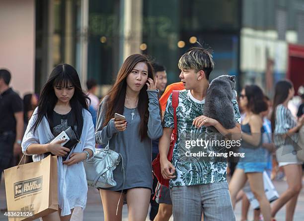 Chinese young boy carries his pet, a pure breed British Shorthair cat, on his shoulder, strolling with his friends on the downtown street. More and...