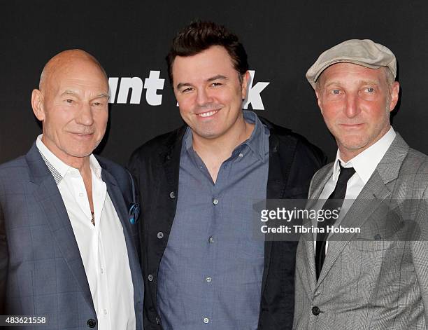 Patrick Stewart, Seth MacFarlane and Jonathan Ames attend the premiere of STARZ 'Blunt Talk' at DGA Theater on August 10, 2015 in Los Angeles,...