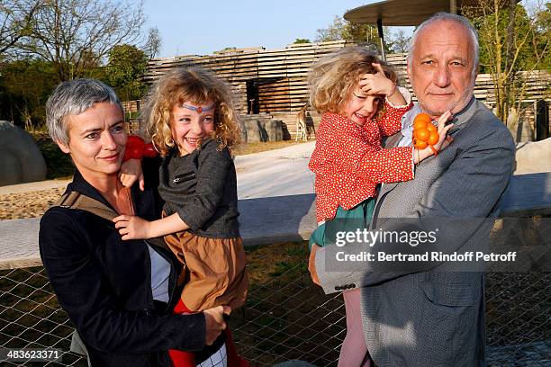 Actor Francois Berleand with his wife Alexia Stresi and their twins daughters attend the Private visit of the Zoological Park of Paris due to reopen...