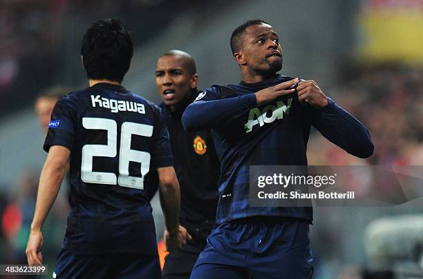 Patrice Evra of Manchester United celebrates his goal during the UEFA Champions League Quarter Final second leg match between FC Bayern Muenchen and...