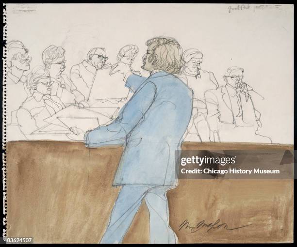 Leonard Weinglass showing stack of pictures to jury, in a courtroom illustration during the trial of the Chicago Eight, Chicago, Illinois, late 1969...