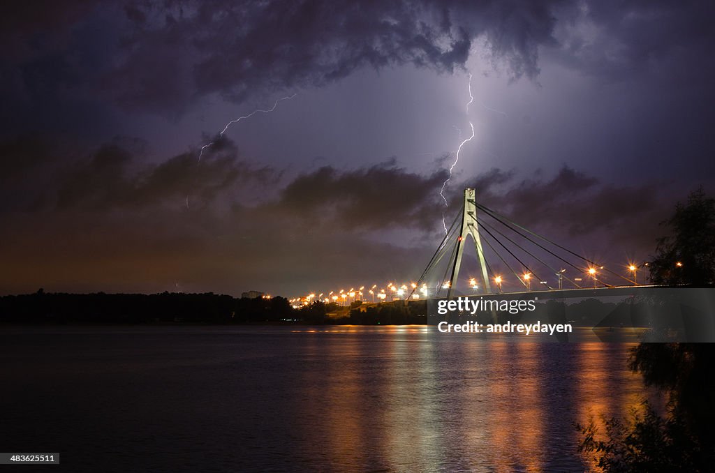 Ukraine, Kyiv, Bridge in thunderstorm