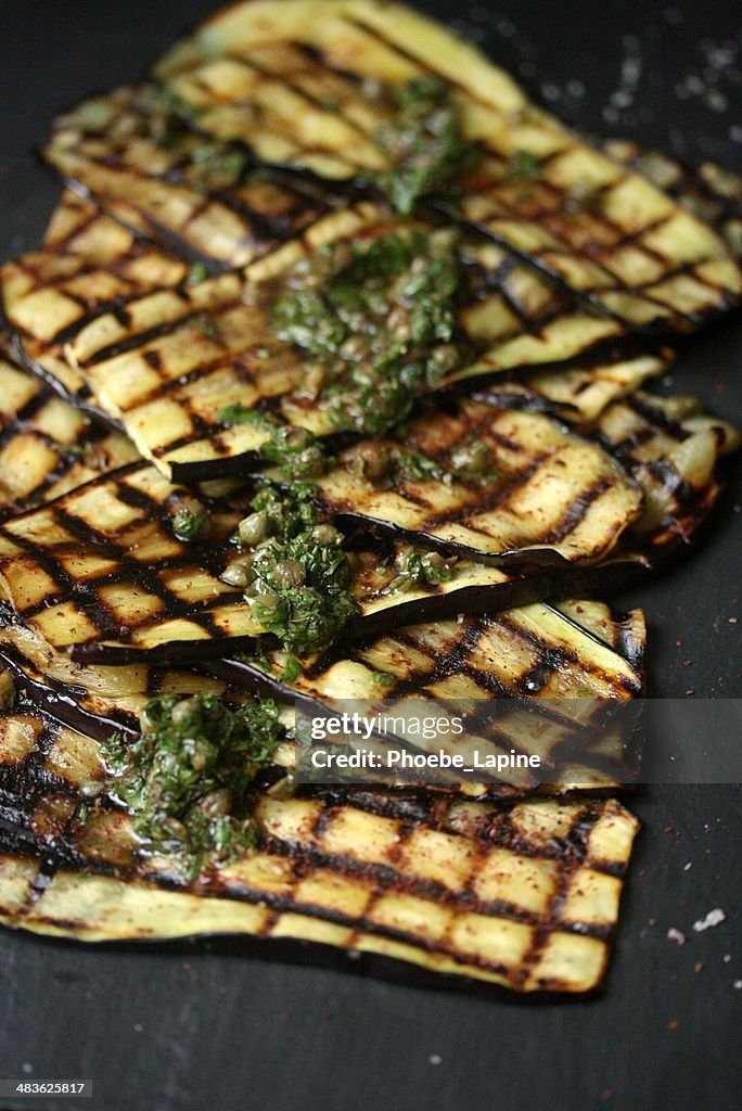 Grilled Eggplant with sumac, capers and mint