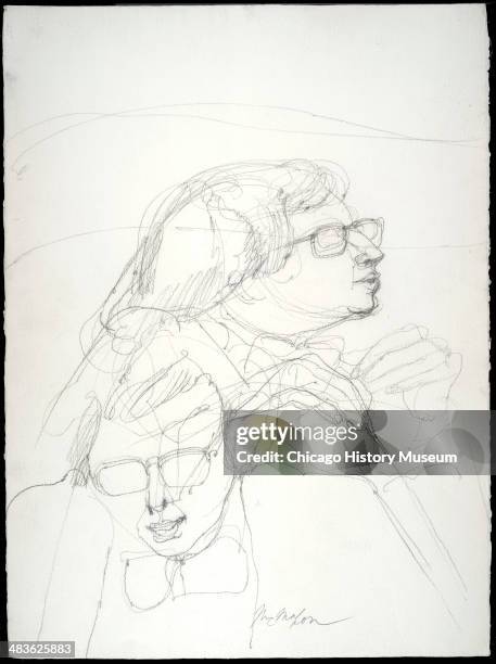 Leonard Weinglass, in a courtroom illustration during the trial of the Chicago Eight, Chicago, Illinois, late 1969 or early 1970. The Eight, or Seven...