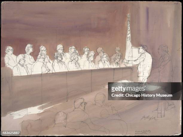Prosecution attorney Richard Schultz gives summation to the jury, in a courtroom illustration during the trial of the Chicago Eight, Chicago,...