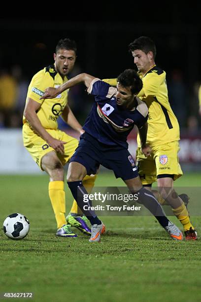 Labinot Haliti of the Jets controls the ball during the FFA Cup match between Newcastle Jets and Perth Glory at Magic Park, Broadmeadow on August 11,...