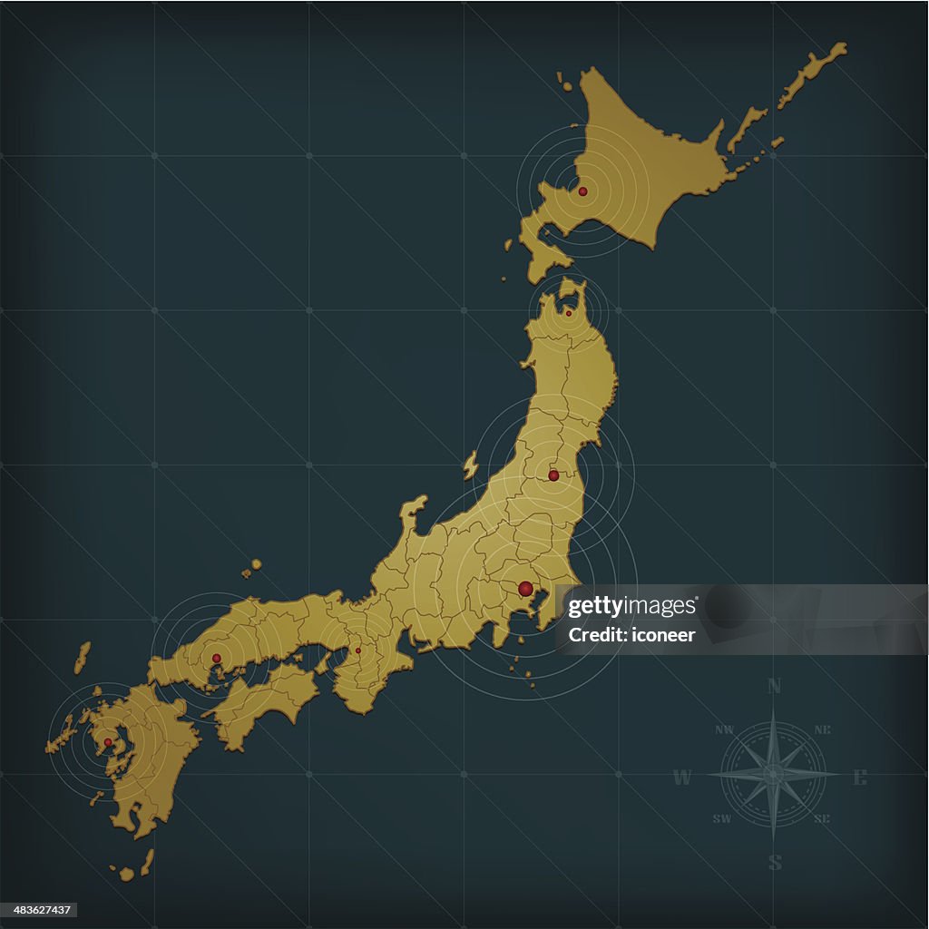 Japan map on dark background with grid and markers