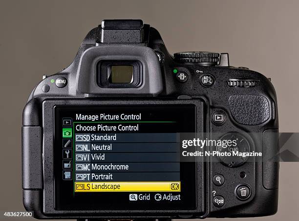 Rear view of a Nikon DSLR camera with the manage Picture Control menu visible on the LCD screen, taken on February 25, 2014.
