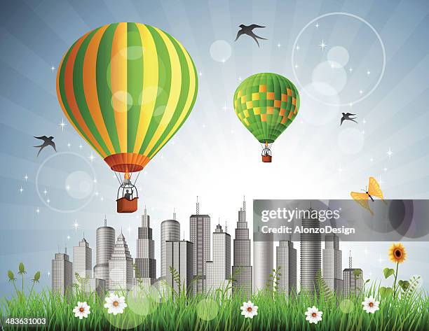 hot air balloons over the city - metropolis building madrid stock illustrations