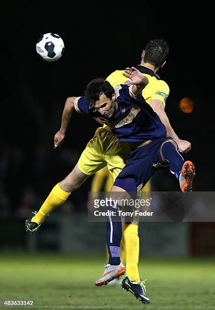 Labinot Haliti of the Jets heads the ball during the FFA Cup match between Newcastle Jets and Perth Glory at Magic Park, Broadmeadow on August 11,...