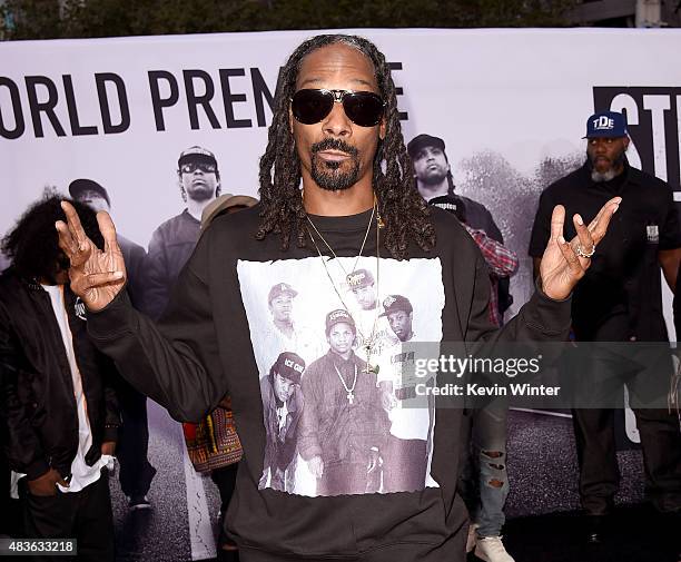 Rapper Calvin Broadus, Jr. Aka Snoop Dogg arrives at the premiere of Universal Pictures and Legendary Pictures' "Straight Outta Compton" at the...