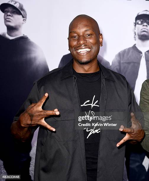 Singer/actor Tyrese Gibson arrives at the premiere of Universal Pictures and Legendary Pictures' "Straight Outta Compton" at the Microsoft Theatre on...