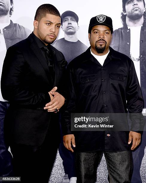 Actor O'Shea Jackson, Jr. And his father O'Shea Jackson aka Ice Cube arrive at the premiere of Universal Pictures and Legendary Pictures' "Straight...