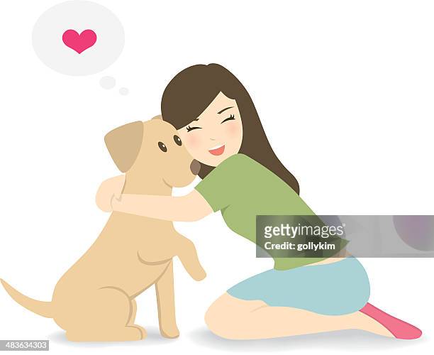 happy woman crouching down, hugging dog - teenage girls stock illustrations
