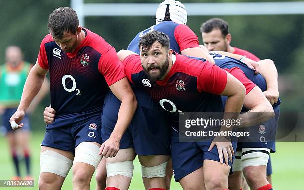 Alex Corbisiero looks on during the England training session held at Pennyhill Park on August 10, 2015 in Bagshot, England.