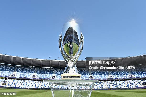 The UEFA Super Cup on display in the stadium during the UEFA Super Cup Final match between Barcelona and Sevilla FC at Dinamo Arena on August 11,...