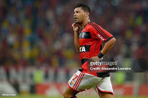 Andre Santos of Flamengo celebrates a scored goal during a match between Flamengo and Leon as part of Copa Bridgestone Libertadores 2014 at Maracana...