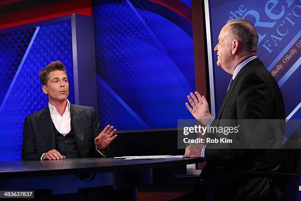 Rob Lowe talks to host Bill O'Reilly at Fox News' "The O'Reilly Factor" at Fox News Studios on April 9, 2014 in New York City.