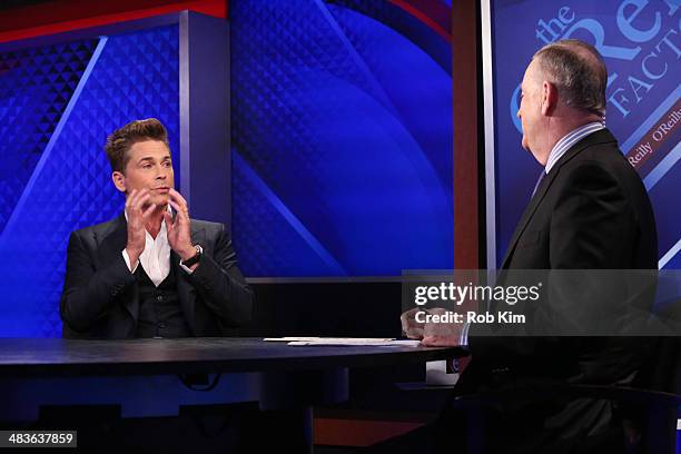 Rob Lowe talks to host Bill O'Reilly at Fox News' "The O'Reilly Factor" at Fox News Studios on April 9, 2014 in New York City.