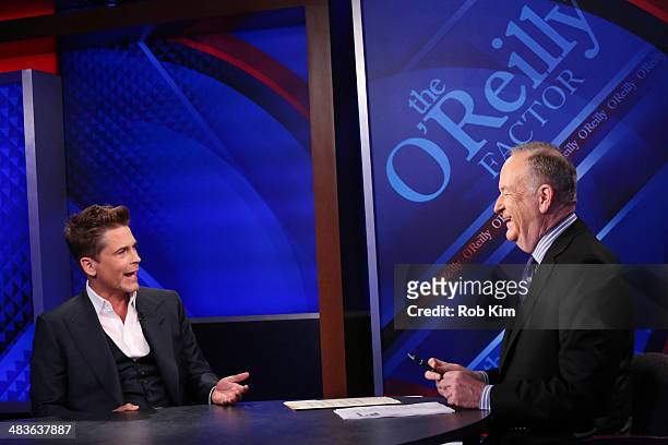 Rob Lowe talks to host Bill O'Reilly at Fox News' "The O'Reilly Factor" at Fox News Studios on April 9, 2014 in New York City.