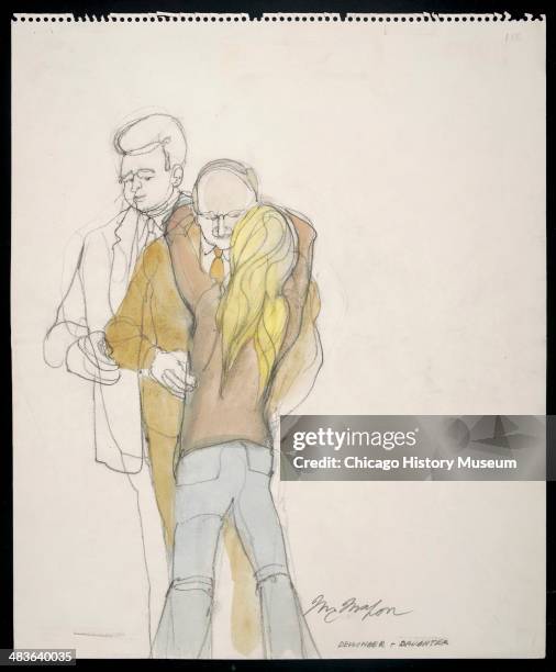 Dave Dellinger and daughter Michelle hug, in a courtroom illustration during the trial of the Chicago Eight, Chicago, Illinois, late 1969 or early...