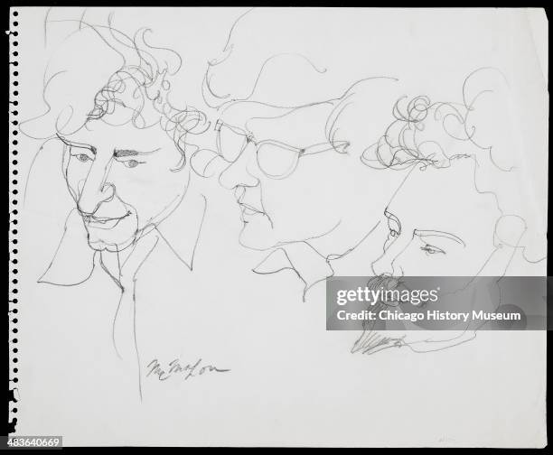 Abbie Hoffman, Rennie Davis, and Jerry Rubin, in a courtroom illustration during the trial of the Chicago Eight, Chicago, Illinois, late 1969 or...