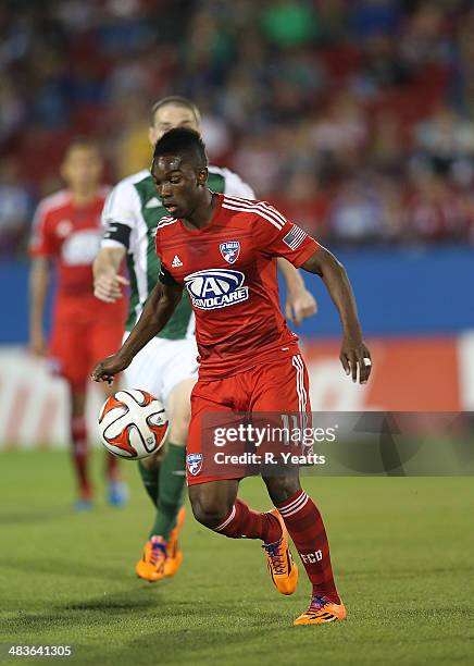 Fabian Castillo of FC Dallas passes the ball during a game against the Portland Timbers at Toyota Stadium on March 29, 2014 in Frisco, Texas.