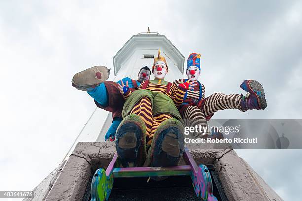 Mexican clowns Cazzo, Lazzo and Pozzo from Triciclo Rojo attend a photocall to promote their show 'VAGABOND, where will the wind take you?' during...